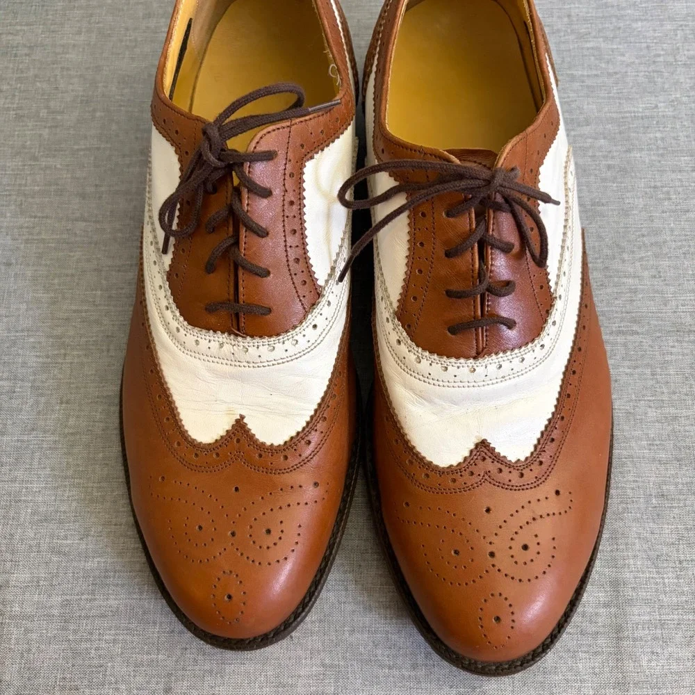 T.O. Dey Wingtip Oxfords Mens 10 Brown White Custom Made Spectator Vintage Shoes